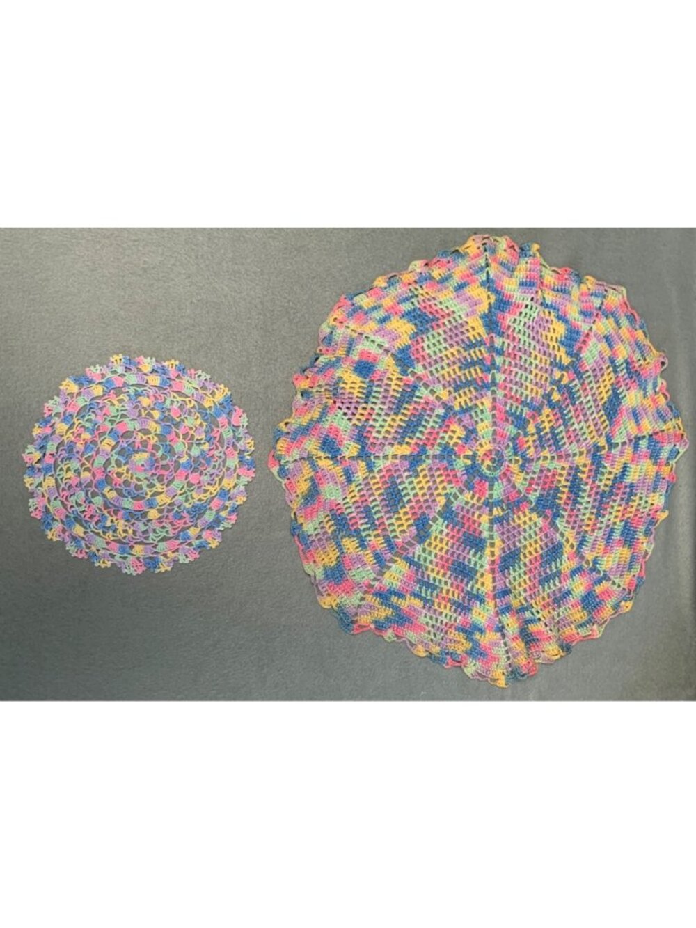 Handmade Multicolor Crochet Doily Set 16" & 7" - Rainbow Decor Vintage